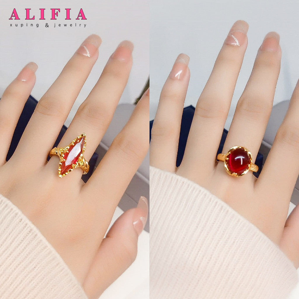 Cincin Batu Merah Delima Dewasa Pria Dan Wanita Lapis Emas 22K Titanium