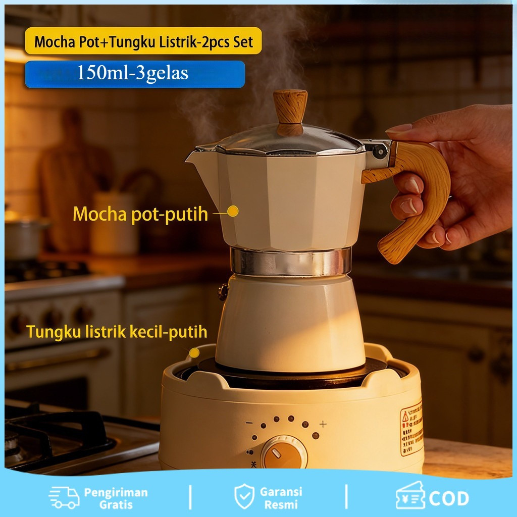Moka Pot Elektrik Set Espresso Coffee Maker Alat Seduh Kopi Listrik Portable Tungku Stovetop Praktis