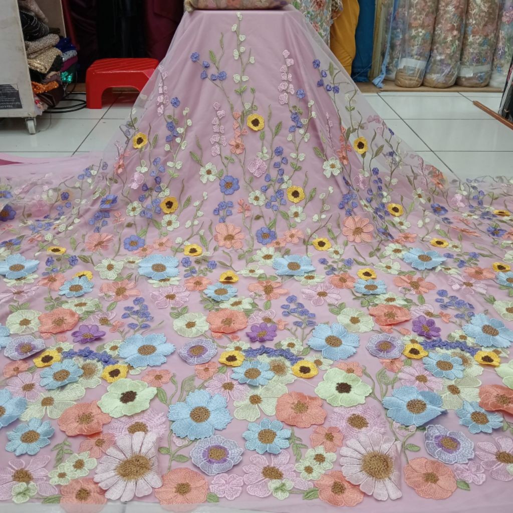 WIDHISTORE BAHAN/KAIN TILLE GARDEN 3D/TILLE BORDIR BUNGA TIMBUL