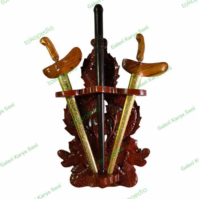 Blawong Keris Tombak Isi 3 Pusaka Kayu Jati Ukir NagaRaja Warna Coklat
