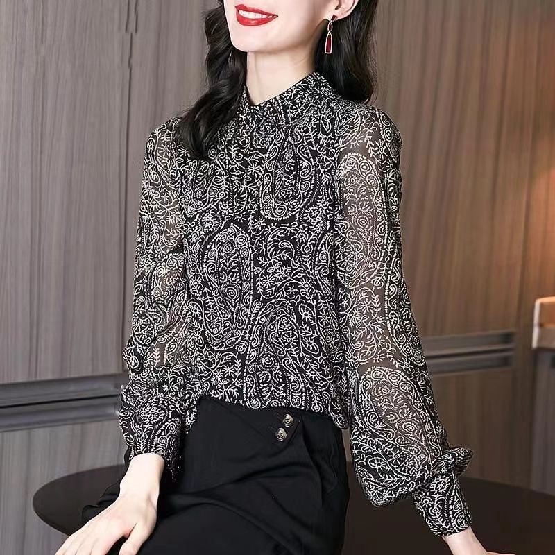 Blus sifon bunga berlengan puff longgar ukuran besar baru