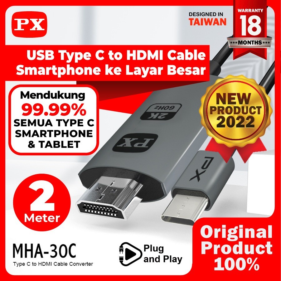 Kabel HDMI / HDTV from Type C Smartphone Android To TV 2 Meter PX MHA-30C