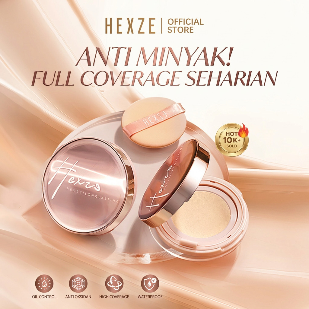 (GERONIMO) HEXZE Long Lasting Cushion Foundation | Waterproof Brightening, Antioksidan & Flawless Lo
