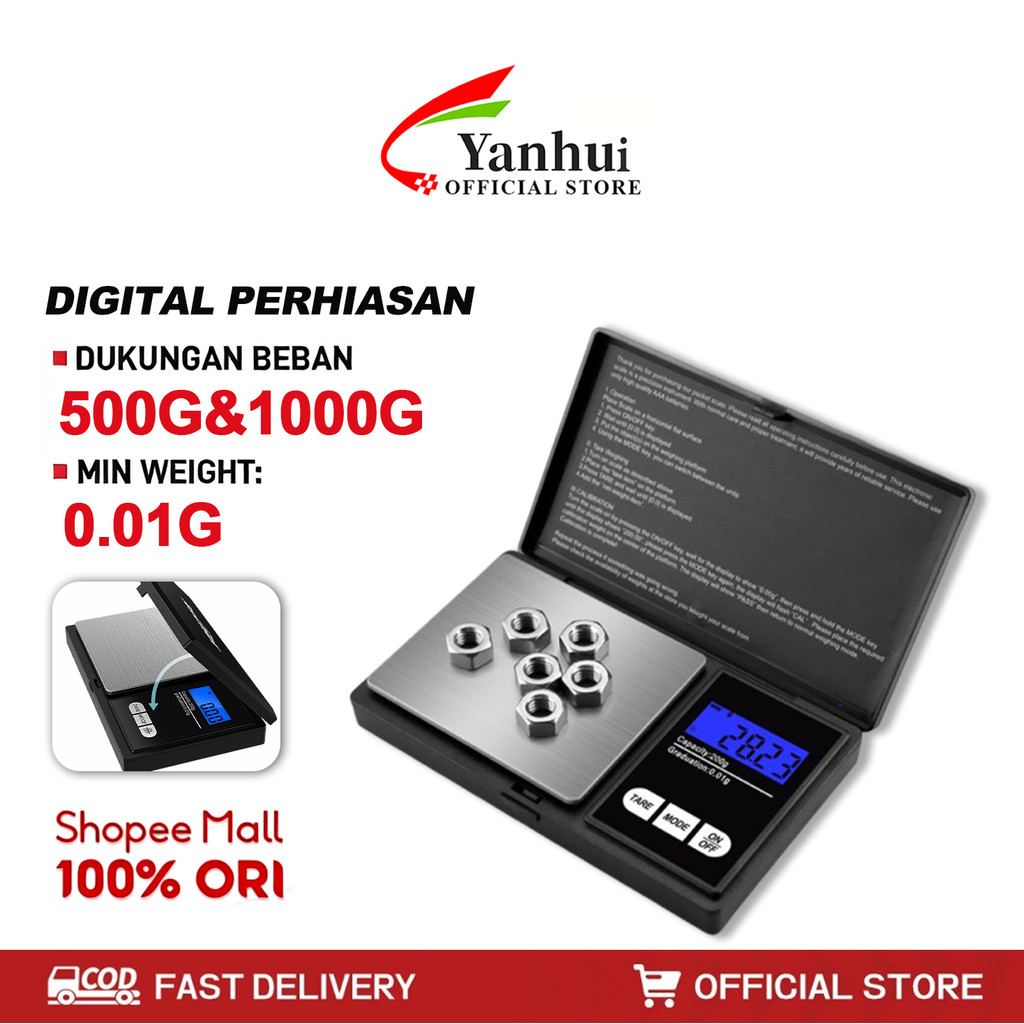 YANHUI Timbangan Perhiasan Emas 500g&1000g Scale Jewelry Gold Gram Weight Pocket Portable Battery
