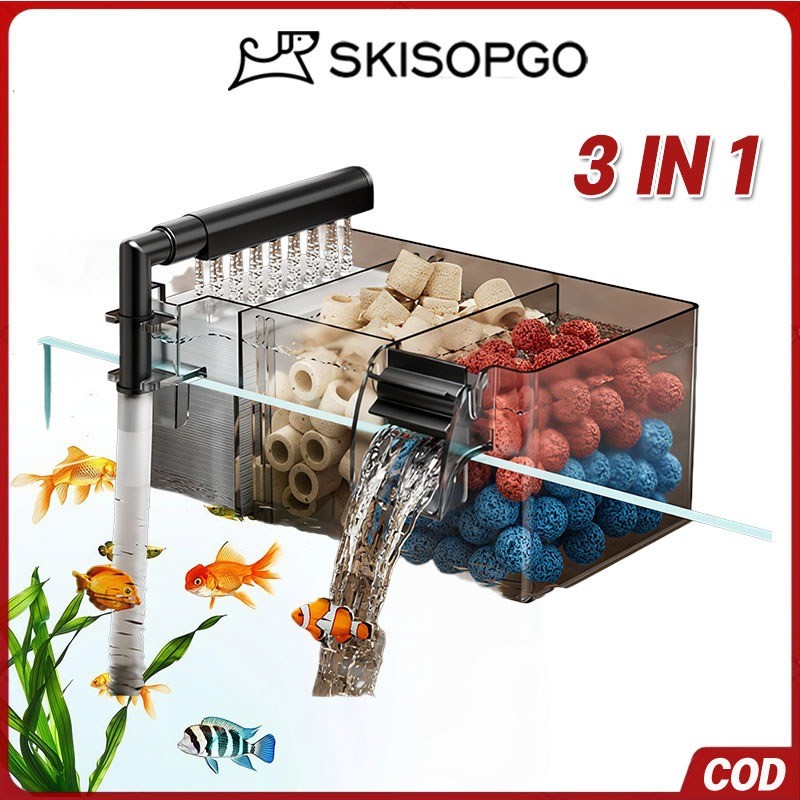 SKISOPGO 3 IN 1 Filter Akuarium  Filter Akuarium Kecil Filter Gantung Low Noise Filter 3 Fungsi Untu