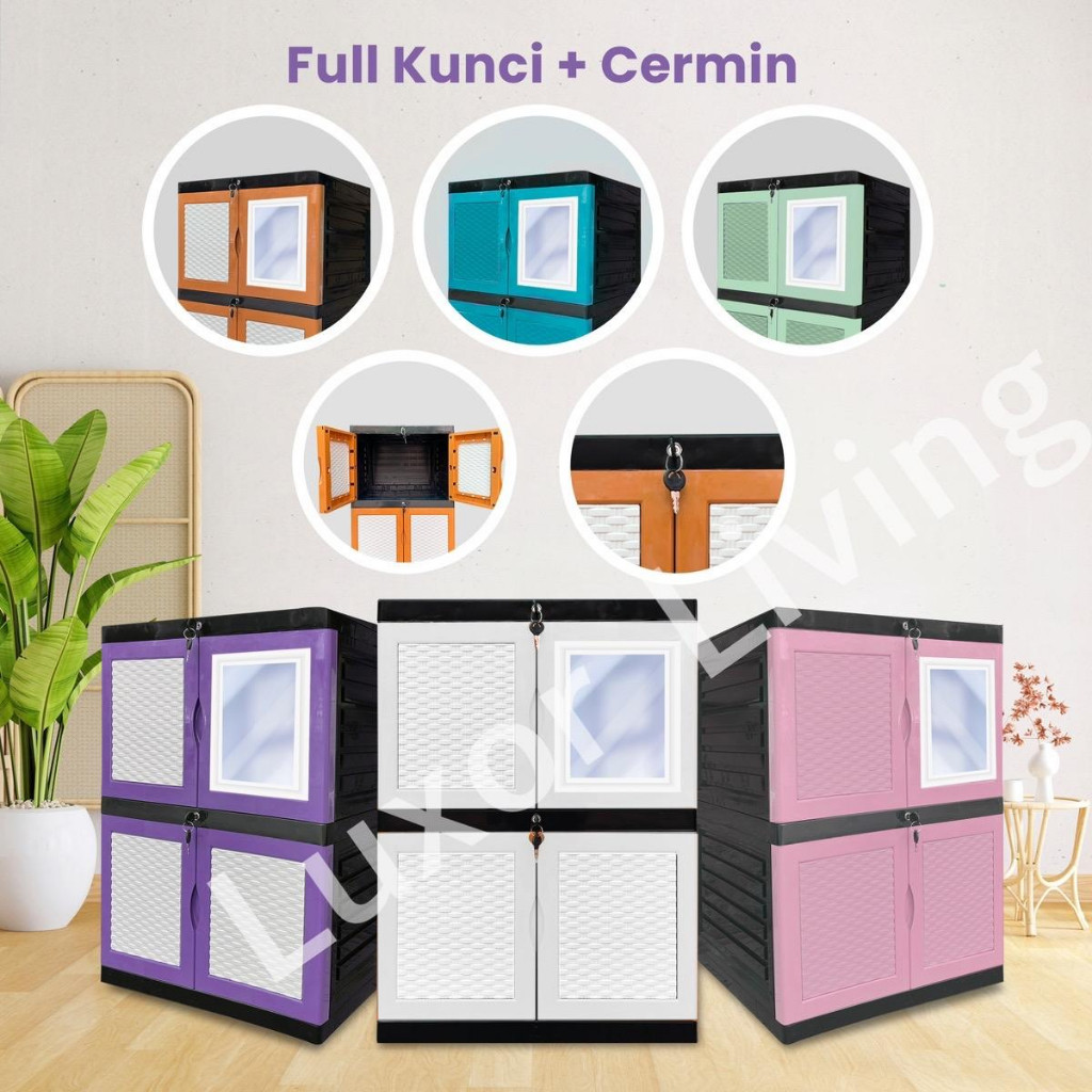 COD Lemari Plastik Susun 2 Mini Kaca  Cermin Kunci | DA5