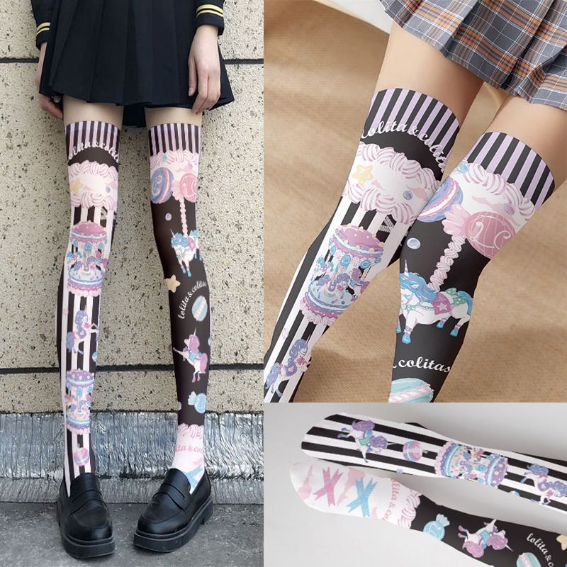 [Si Yun Ge] Stoking tipis untuk wanita kaus kaki beludru putih panjang di atas lutut anime lucu