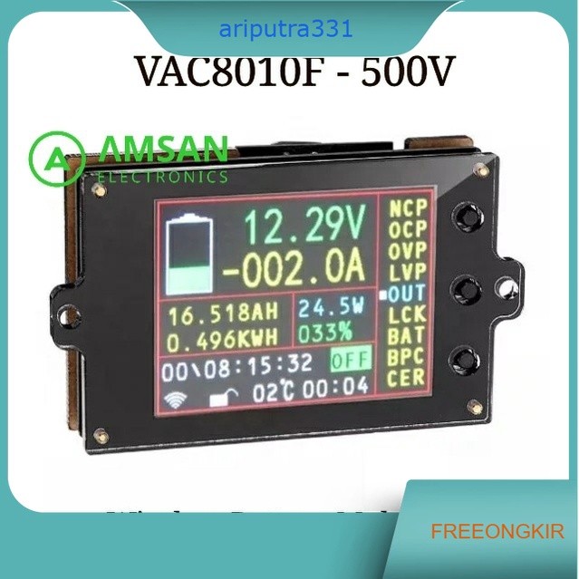VAC8010F-500V Wireless Battery Volt Ampere Coulomb DC Watt Meter 500A