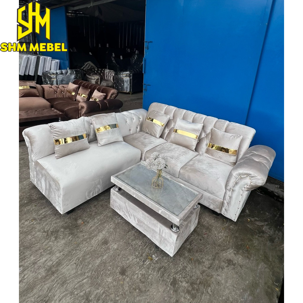 Sofa L Kancing Minimalis/Sofa Ruang Tamu Bahan Bludru Halus