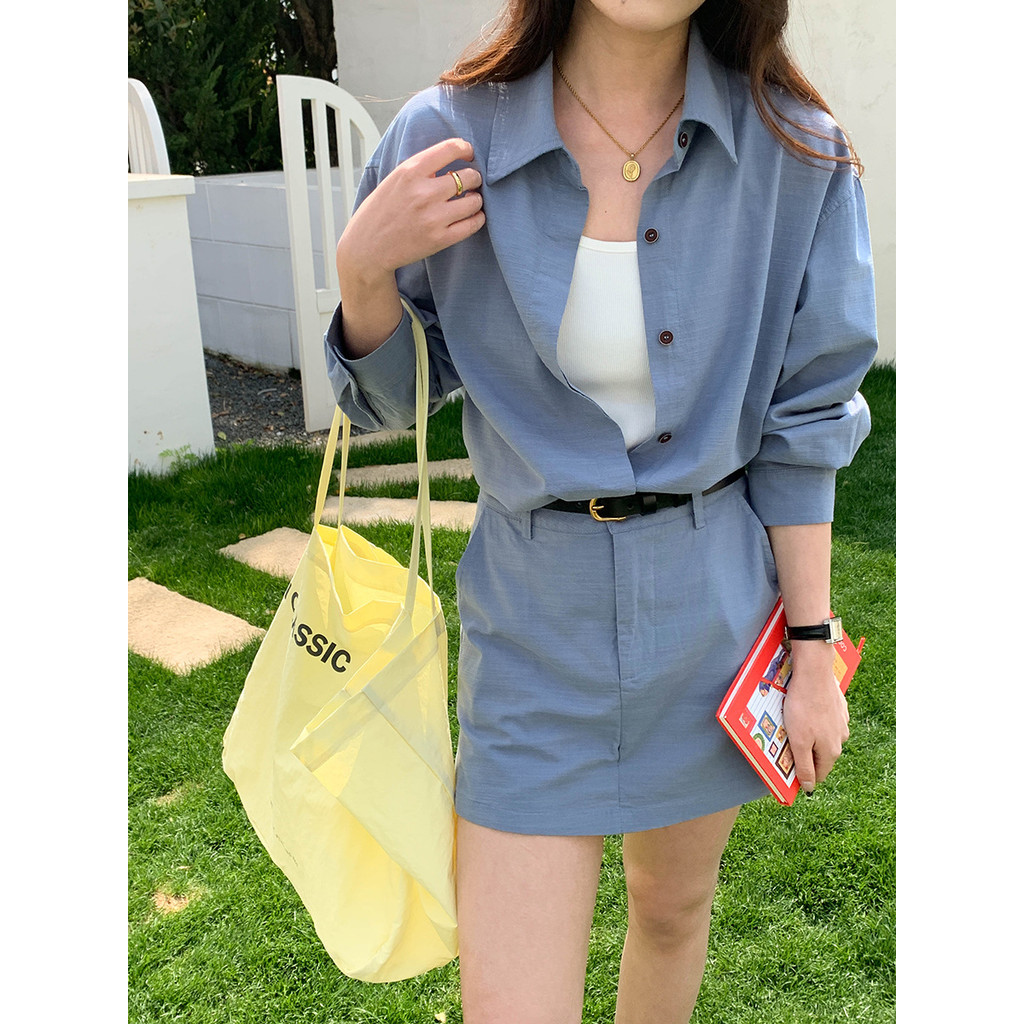 Set Atasan Linen Gaya Korea Baru, Rok, dan Celana