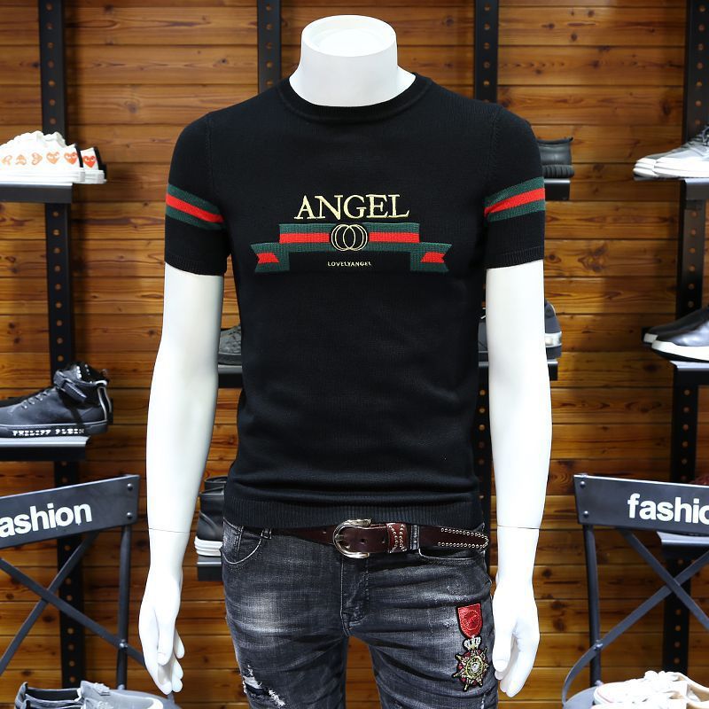 Sweater lengan pendek pria, knit bottoming, baju wol, baju wol, baju wol