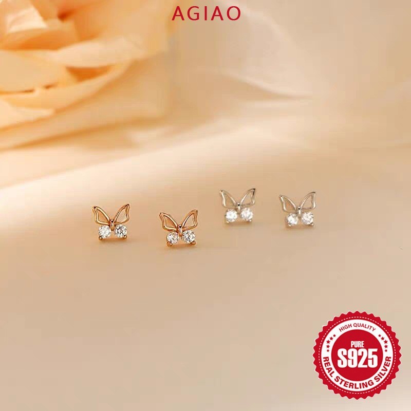 AGIAO Anting-anting Lapis Emas Mawar Kecil Dengan Desain Mini Kupu-kupu Zircon 18K Berongga