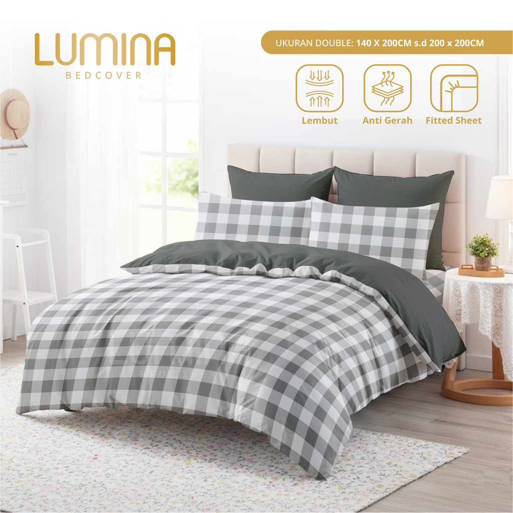 Lumina Bedcover - Sprei & Bedcover Set Gingham Grey Mix Dark Grey - Ukuran Lengkap 140x200/180x200/1