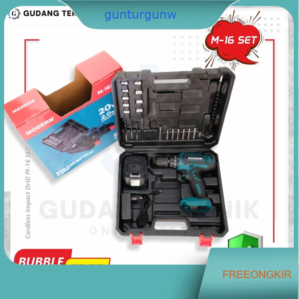 Mesin Bor Baterai Modern M-16SET 20 V / Bor Beton Tembok Cordless Impact Drill 20V Modern M 16 Set M
