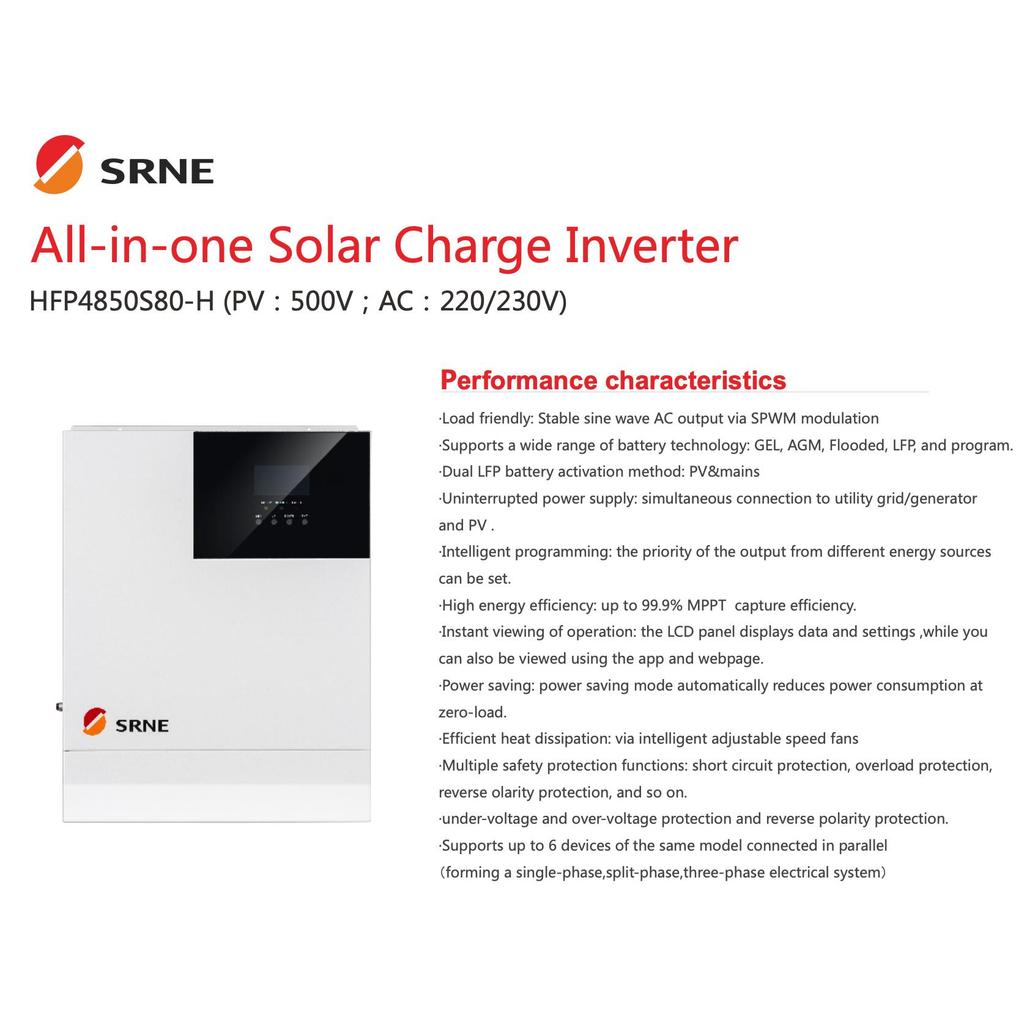 Hybrid Inverter SRNE 5000W 5KW 48V MPPT 80A hybrid 5000 Watt batteryless support paralel PLTS UPS