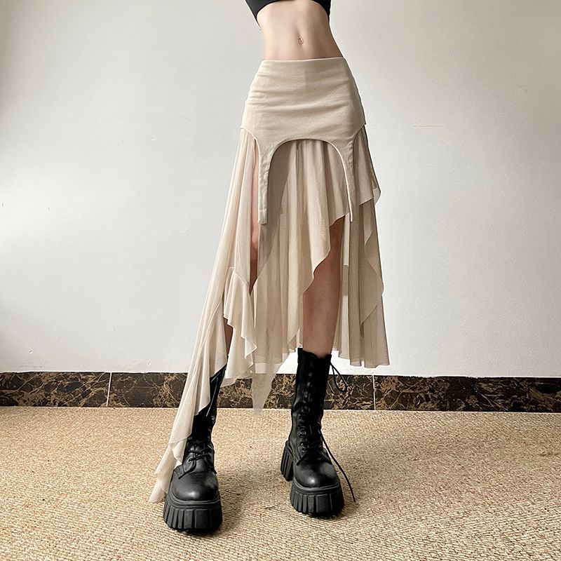 ChubChic COD Rok Wanita Mesh Asimetris High Waist Split Skirt Rok Panjang Sexy Slim Fit Rok Import F