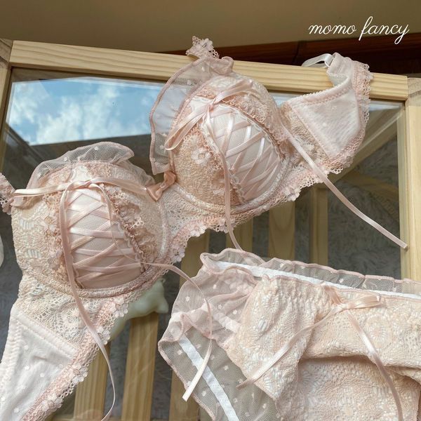 Set Bra Renda Pita Satin Prancis, Bra Push-Up Mewah dengan Celana Dalam Nyaman