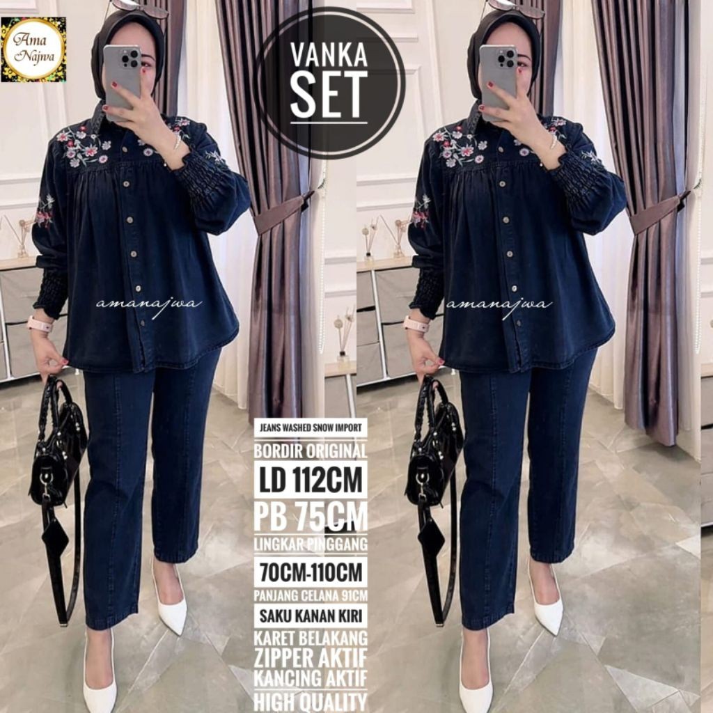 Vanka Set Jumbo Setelan Jeans Wanita Terbaru LD 112 132 Bahan Jeans Washed Import