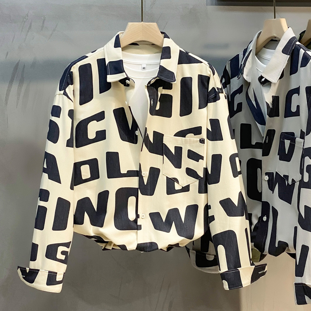 Kemeja pria lengan panjang bermotif bunga, jaket kasual longgar