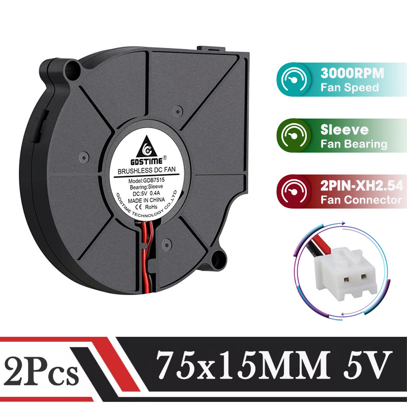 2Pcs Gdstime 70MM Cooler Fan DC 5V 75MM*15MM Centrifugal Turbo Blower Cooling Fan 7515 Brushless Raa