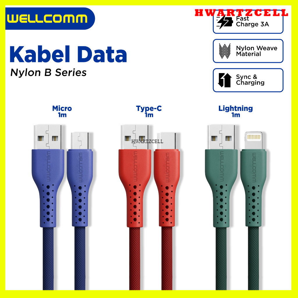 [HWARTZ] Wellcomm Kabel Data Fast Charge 3A USB Type C / Micro / iPhone Nylon B Series 1M