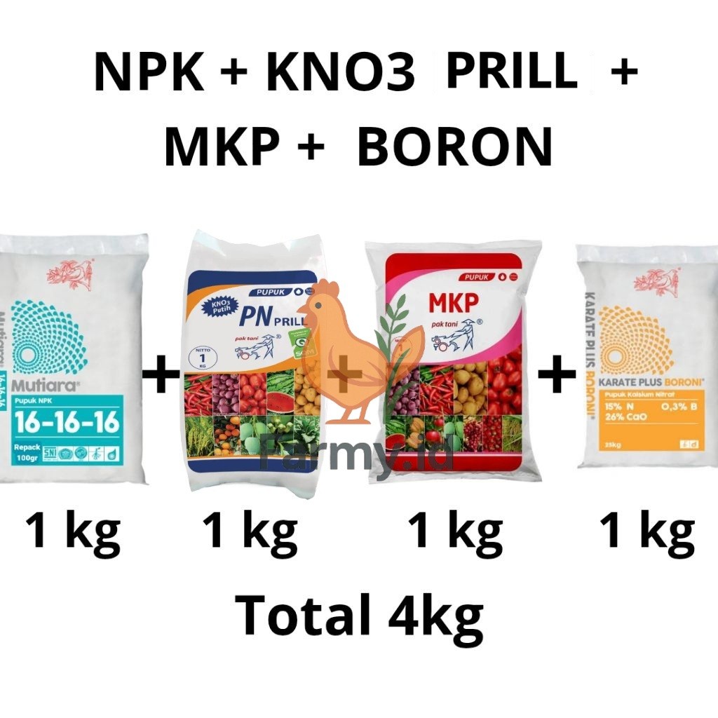 PAKET LENGKAP PUPUK PERTUMBUHAN & PEMBUAHAN NPK MUTIARA 16-16-16 +KNO3 PUTIH + MKP PAK TANI + BORON 