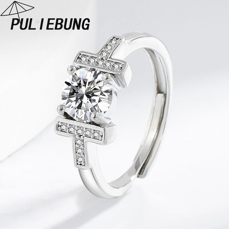 Cincin Terbuka Huruf T Zircon Empat Cakar Fashion Serbaguna