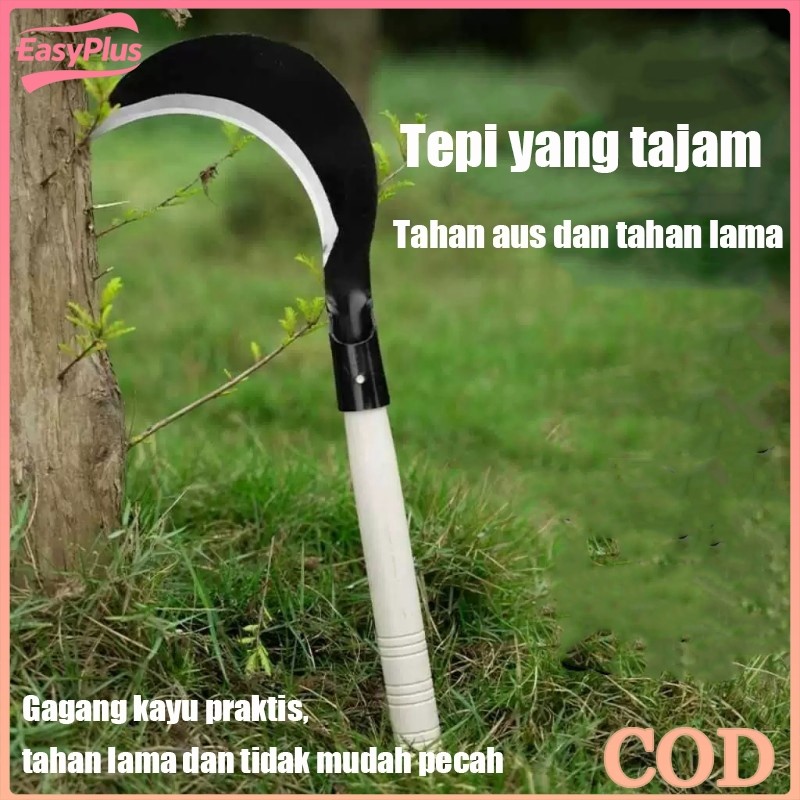 Sabit Arit Tani Premium Gagang Kayu Panjang | Potong Rumput Liar Panen Jagung Ranting Kecil Baja Man