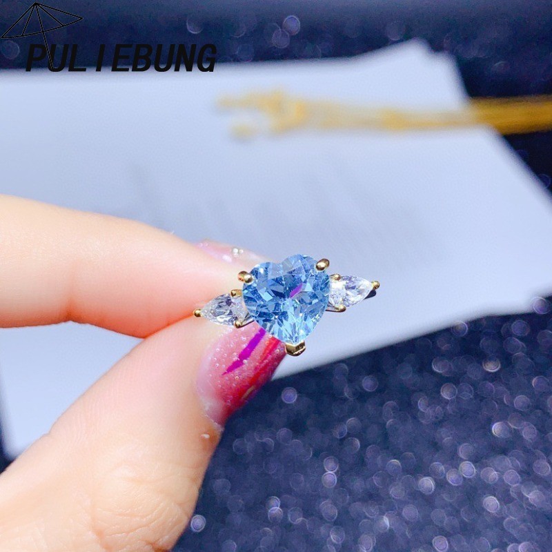 Cincin Terbuka Batu Permata Berlian Biru Berbentuk Hati yang Modis dan Elegan