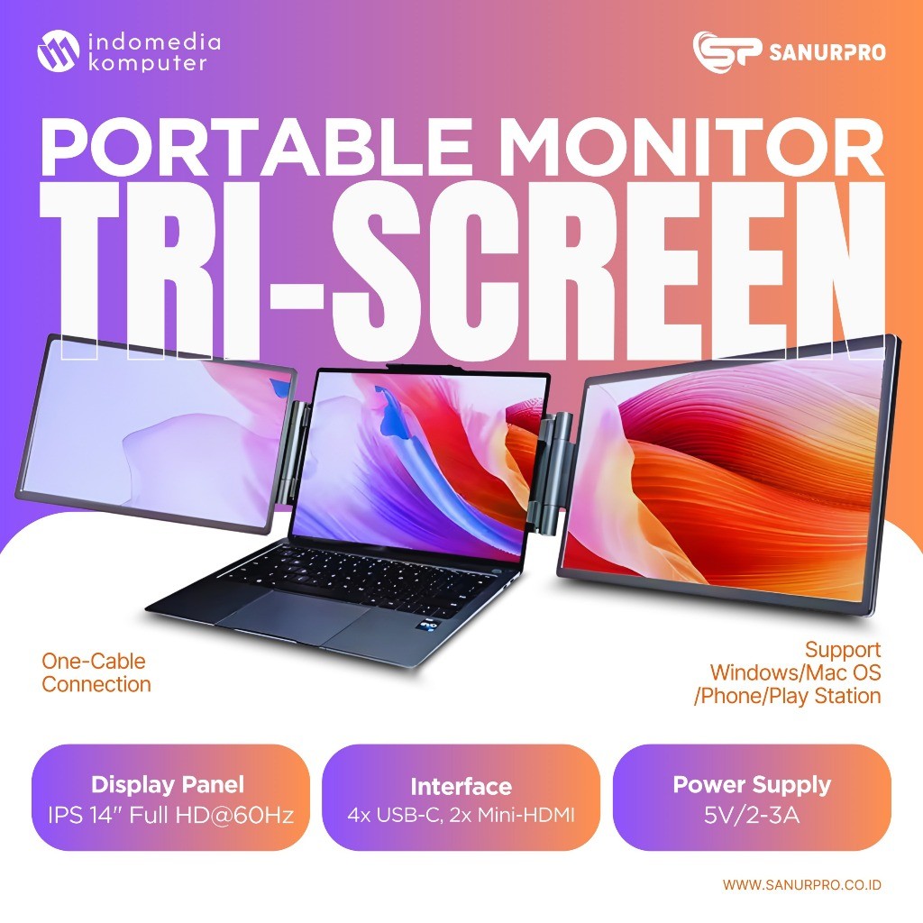 Monitor Portable 14" Triple Screen Monitor Eksternal 14" Triple Display Portable Triple Monitor 14 I
