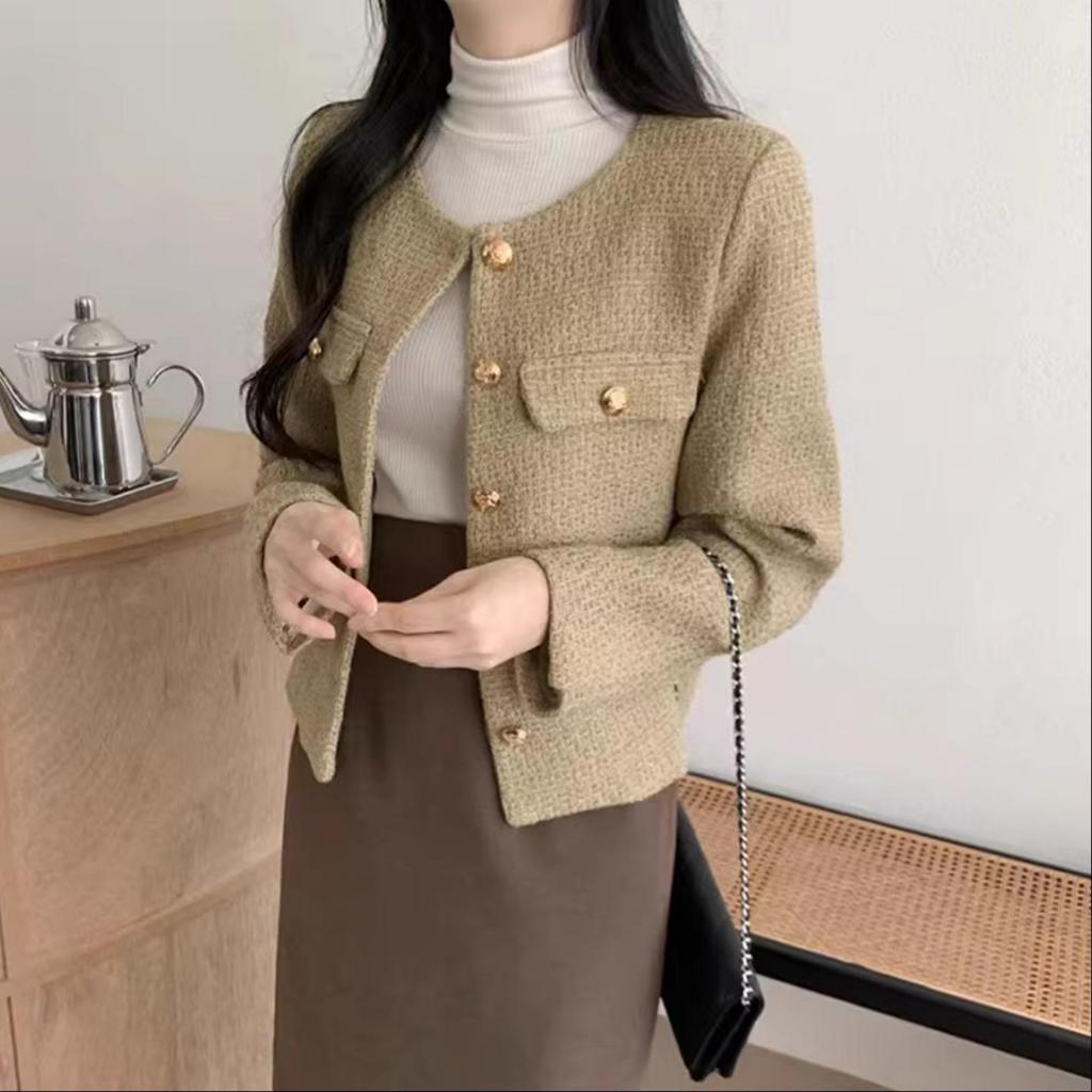 MISS EMITA tweed blazer wanita baju outer cardigan hijau pesta crop top lengan panjang kondangan wan