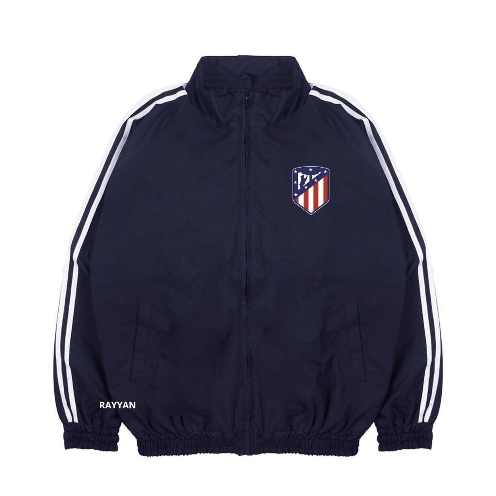 Atletico Madrid Jacket Tracktop Unisex Footbal Club Top Eropa / Dunia Warna Navy Blue Motif List Tan