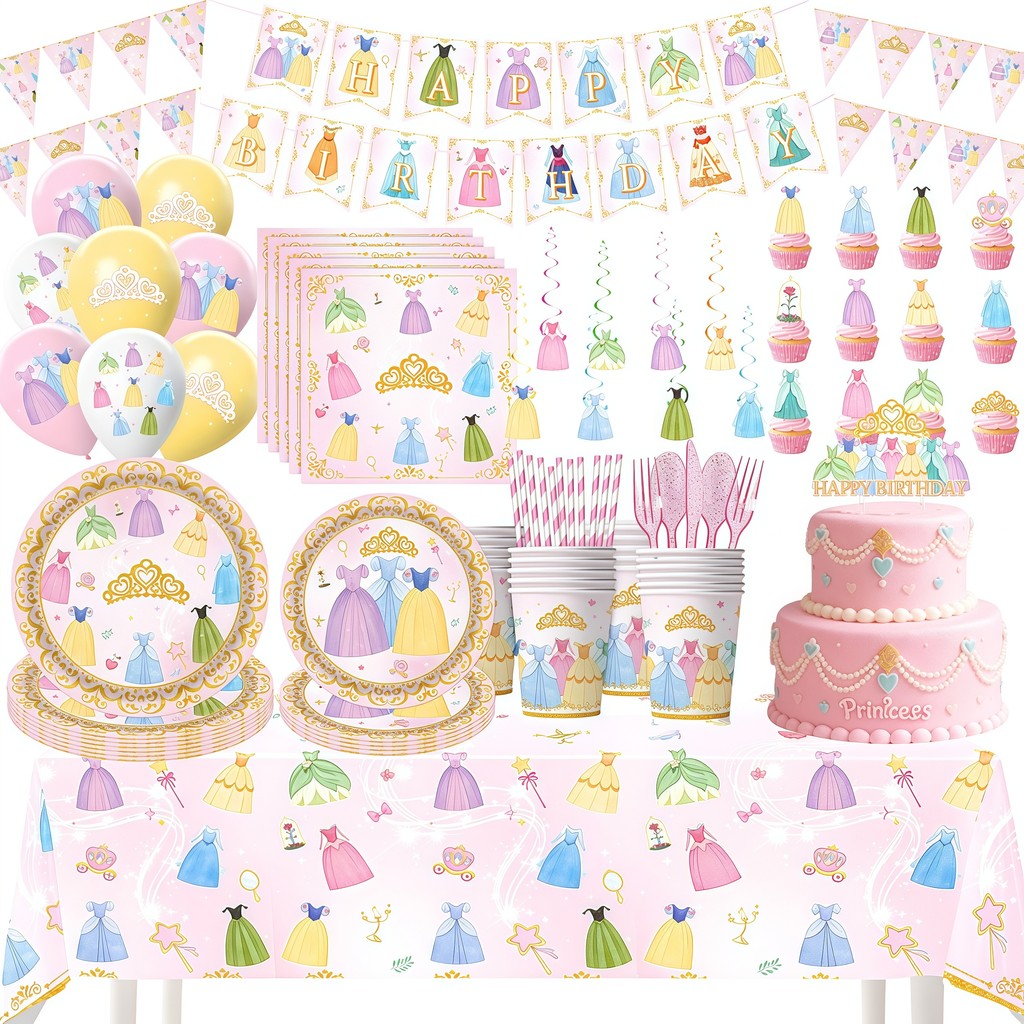 Princess Skirt Birthday Party Supplies Cinderella Snow White Elsa Dress Tableware Plate Cup Balloon 