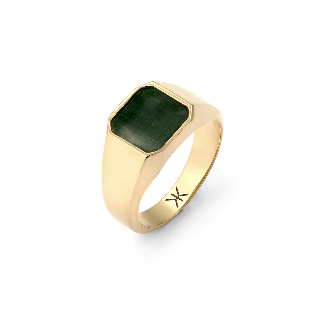 Kuzzoi Cincin Pria Perak 925 Lapis Emas Signet Enamel Hijau Original Premium Classic