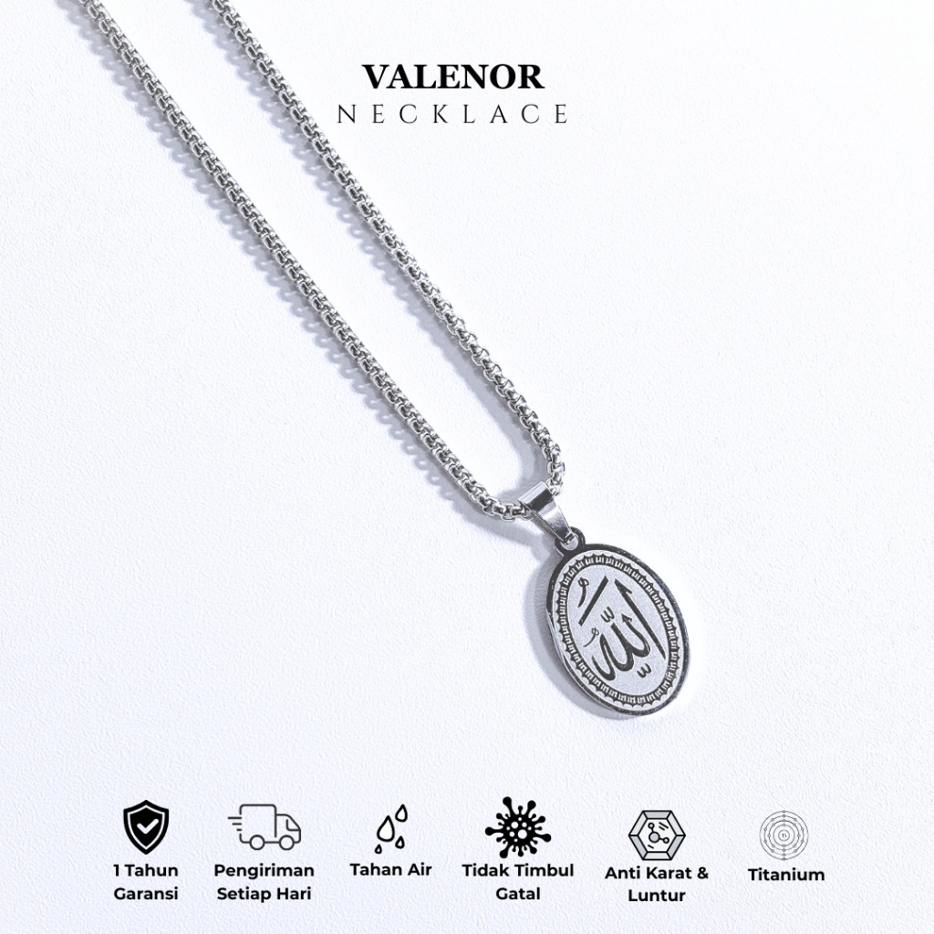 MENSTUDIO - Kalung Liontin Lafadz Allah Pria Wanita Anti Karat, Titanium, Jewelry, Silver, Mewah, El