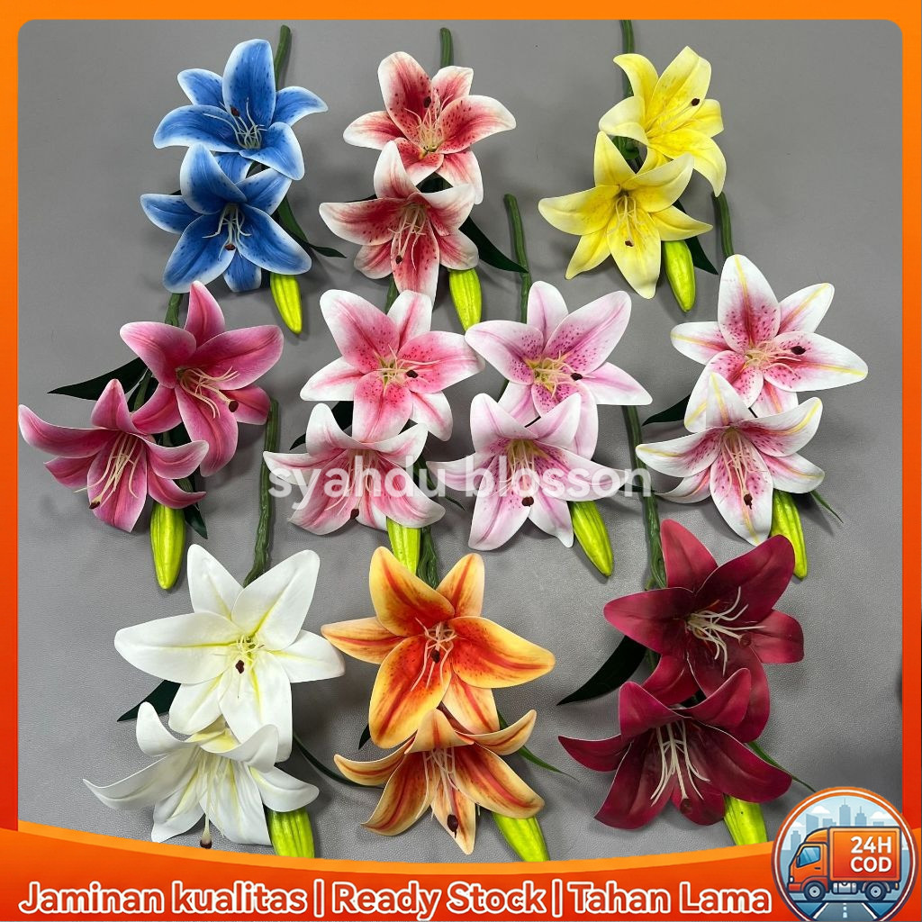 Bunga Lili Palsu 35Cm 1 Batang 2 Bunga 1 Kuncup Diameter 14Cm Plastik Batang Besi Dekorasi Rumah Aes