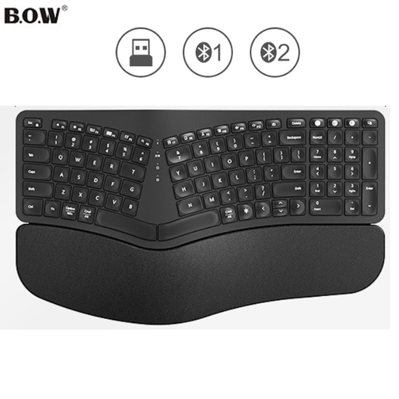 BOW Ergonomic Split Keyboard with Wrist Rest 2.4G+Bluetooth Wireless Keyboard Backlit Reageable Keyb