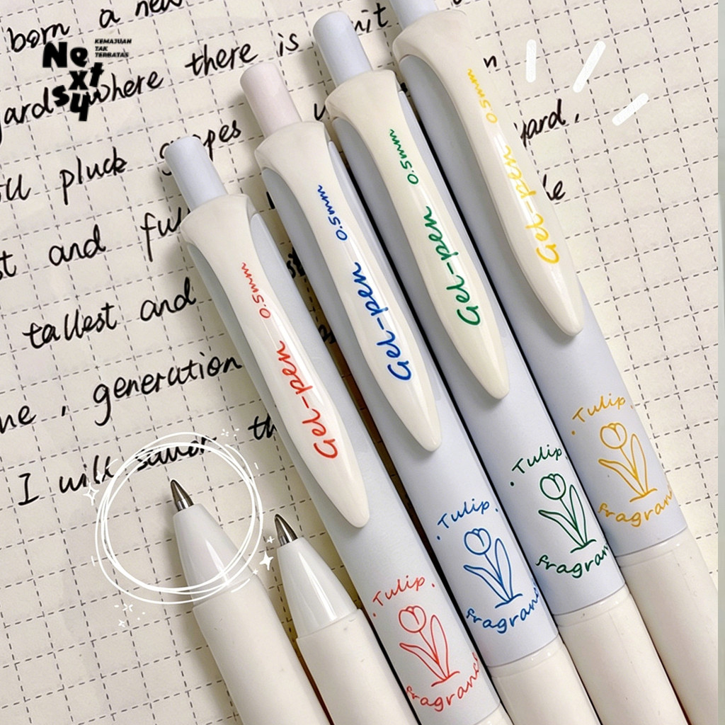 Retractable Gel Pen Tulip Aesthetic 0.5mm - Pulpen Gel Tinta Hitam untuk Sekolah & Kantor