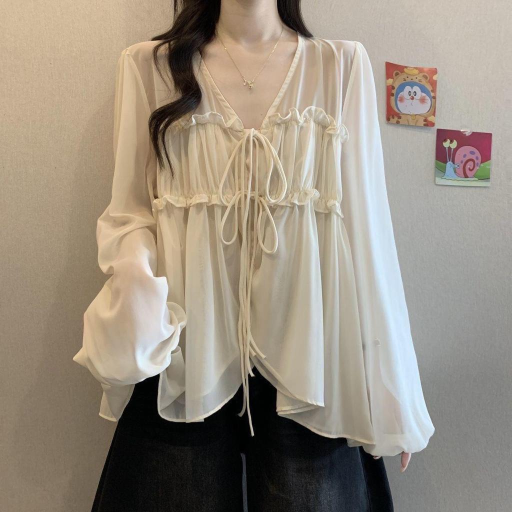 Kemeja sifon lengan panjang untuk wanita, warna hitam, menutupi perut.