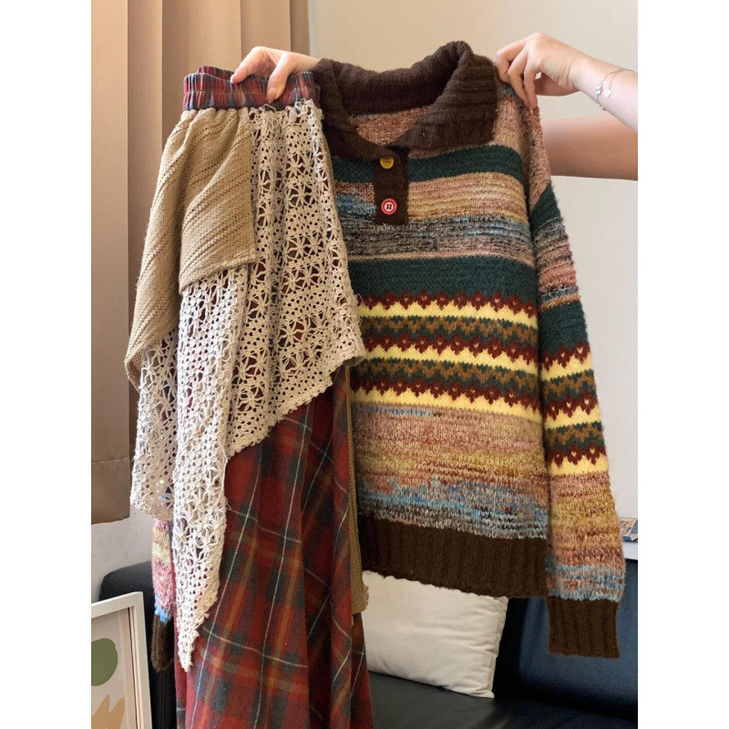 Blok Warna Vintage Polo Set Rok Unik Rajutan Kerah Sweater Kotak-kotak Patchwork