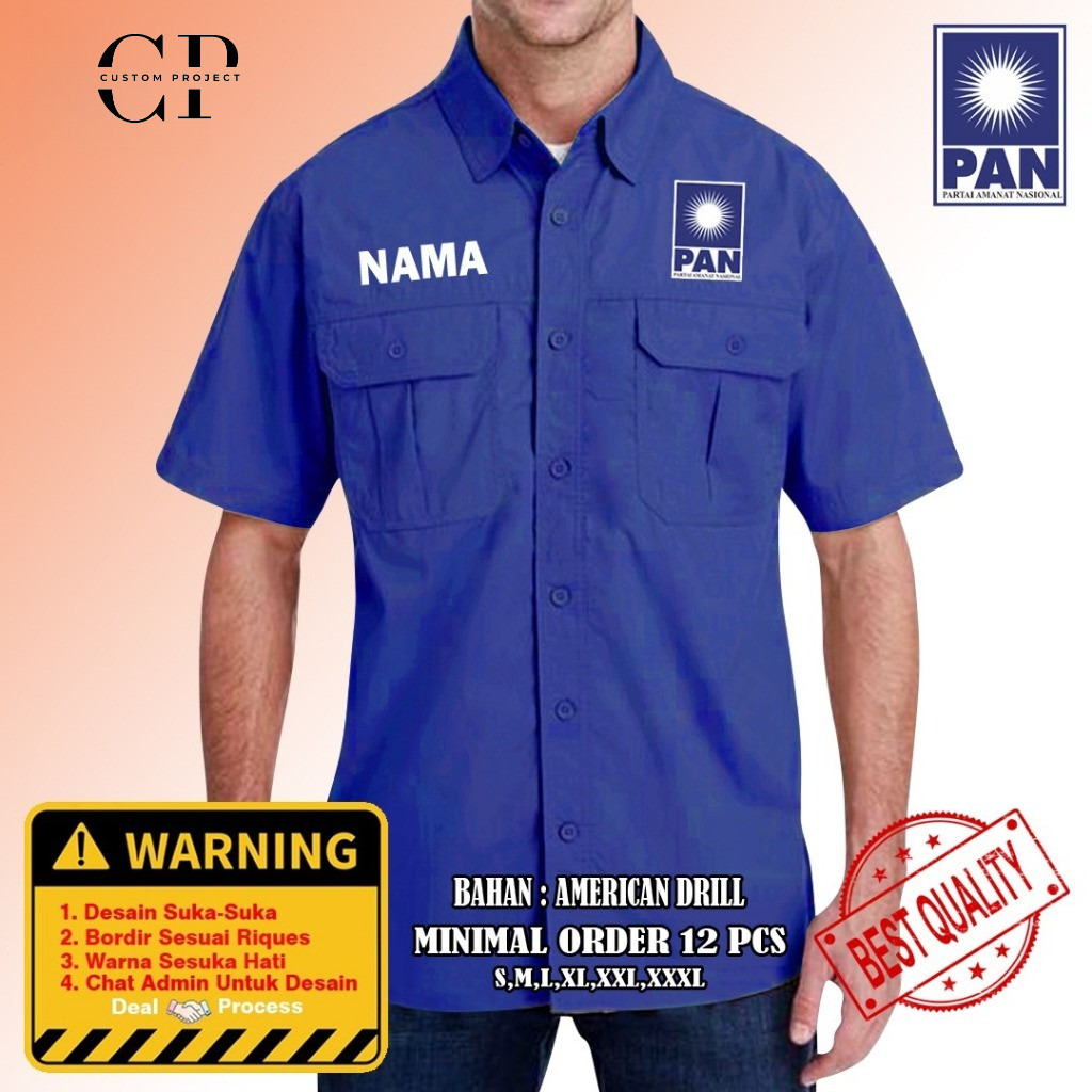 Kemeja Partai PAN (Partai Amanat Nasional) / Kemeja PDL Partai PAN Custom Bordir / Kemeja Lapangan P