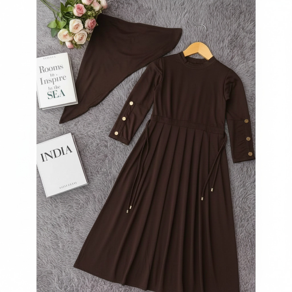 Gamis Anak Jersey INARA Set Hijab Baju Muslim Perepuan 2-12 Tahun Pinggang Serut Tali Hidup Samping