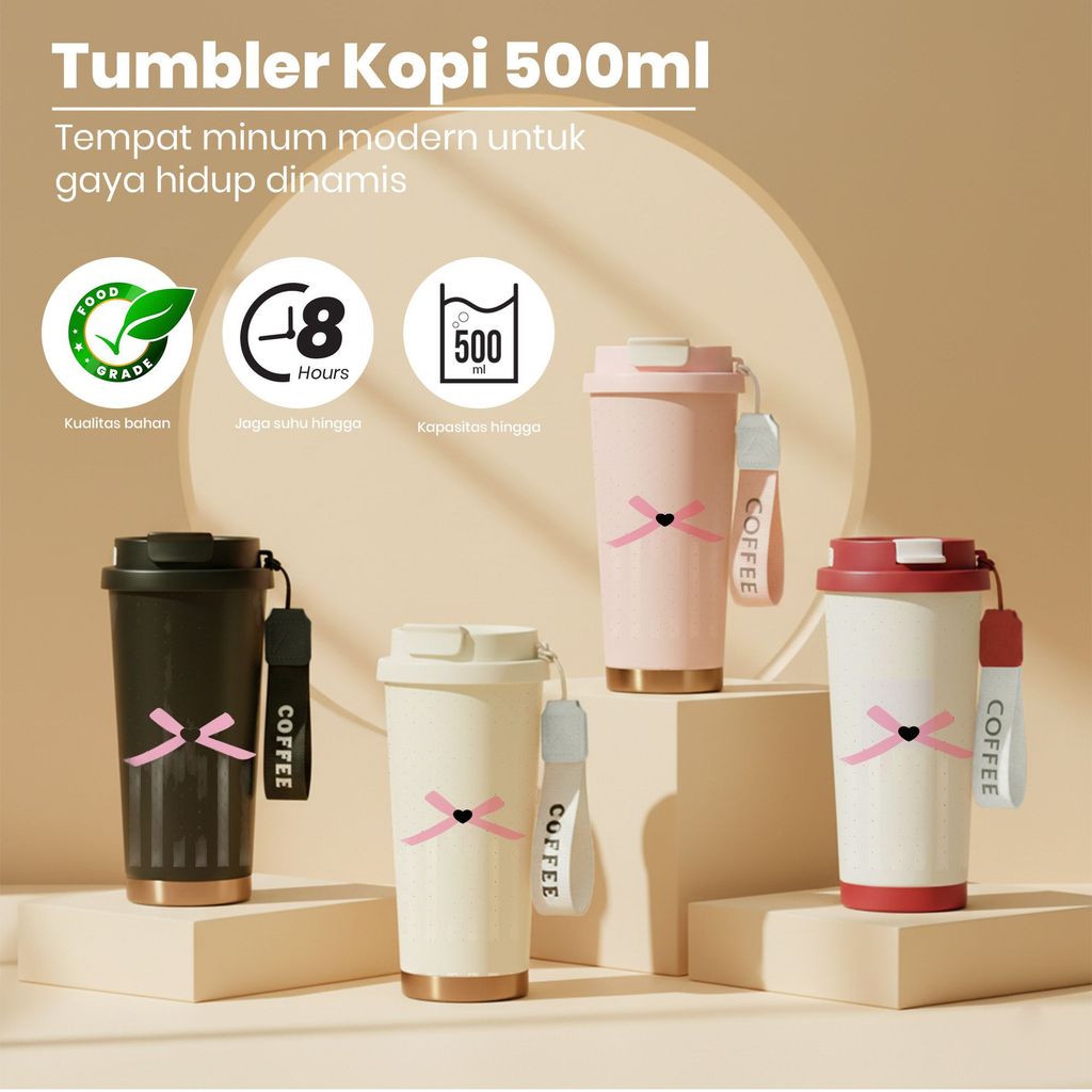 Tumbler Modern 500ml Stainless Steel 316 Desain Unik dengan Ribbons dan Tag 'COFFEE', Daya Tahan Suh