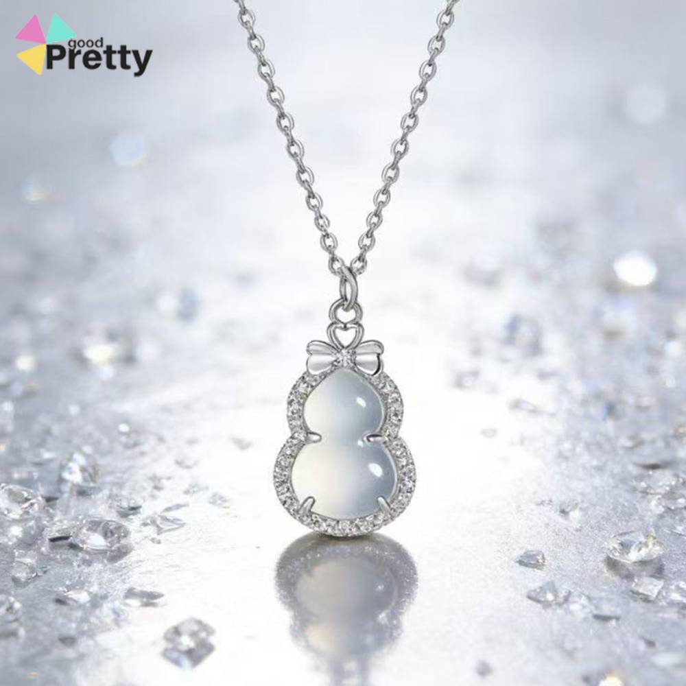 COD Kalung Liontin Labu Perak dengan Batu Akik Mutiara Aksesoris Leher Wanita Fashion Korea Elegan T