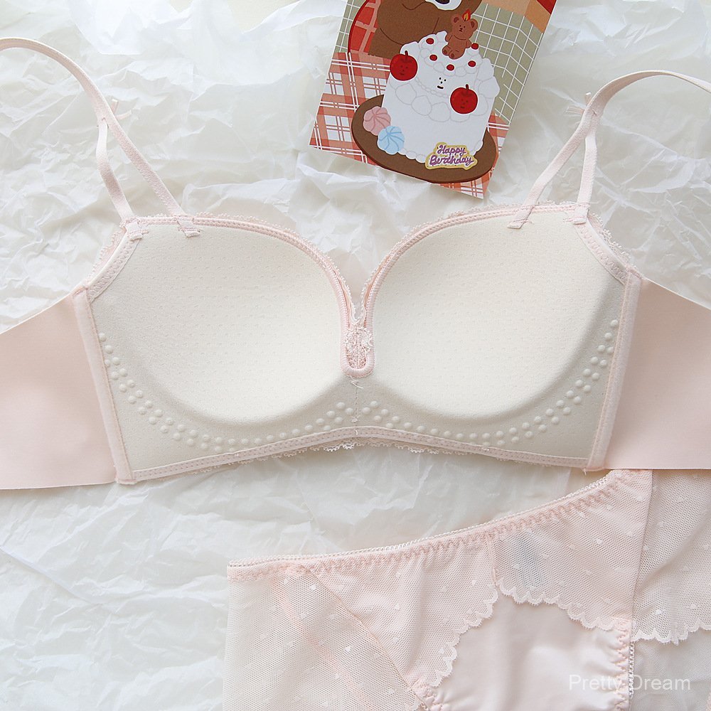 [Pretty Dream]Set Bra Manis Tanpa Kawat Tanpa Jahitan dengan Renda Halus Satin