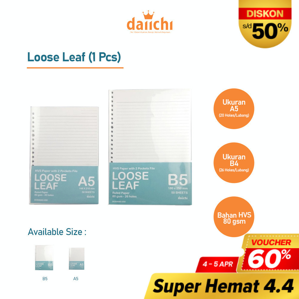 Daiichi - Kertas Binder Loose Leaf HVS Paper Garis Free Pocket File 50 hal 80 Gsm A5 B5