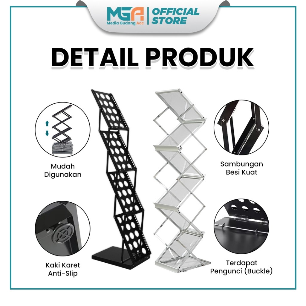 Rak Brosur Lipat 4 Susun & 7 Susun / Rak Majalah Display Portable / Rak Pameran Besi Lipat