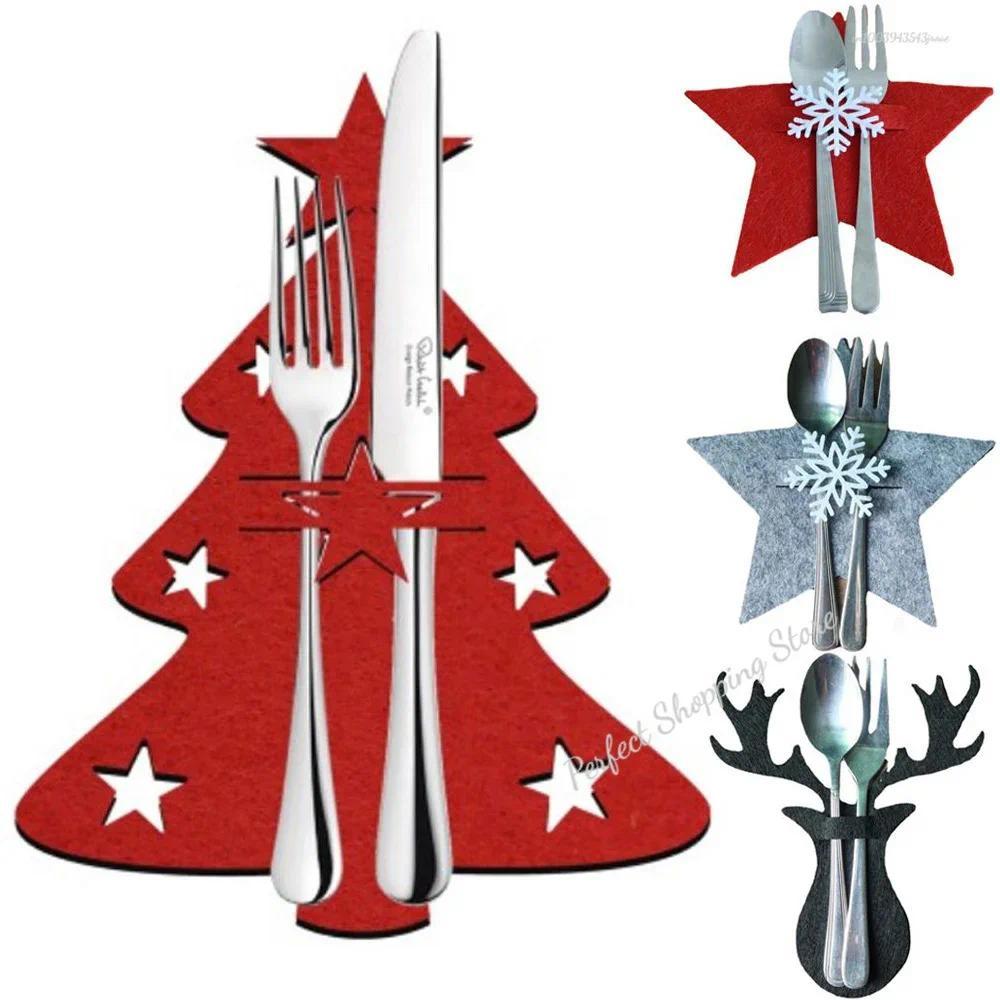 4PCS Christmas Knife and Fork Holder Elk Xmas Tree Pocket Cutlery Bag Non-woven fabric Cookware Orga