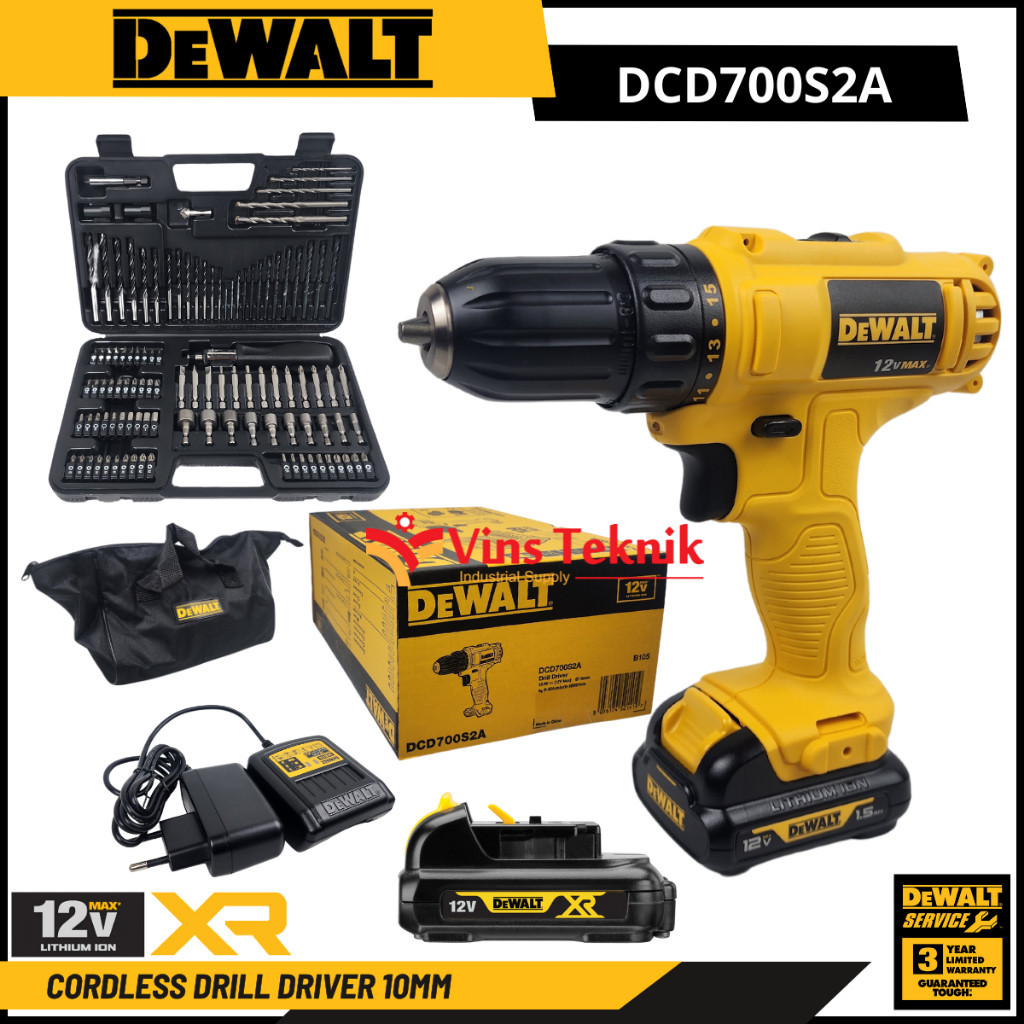 DEWALT DCD700S2A Mesin Bor Besi Kayu Baterai Cordless Drill Driver 12V With Drill Bit Kit Set 109Pcs