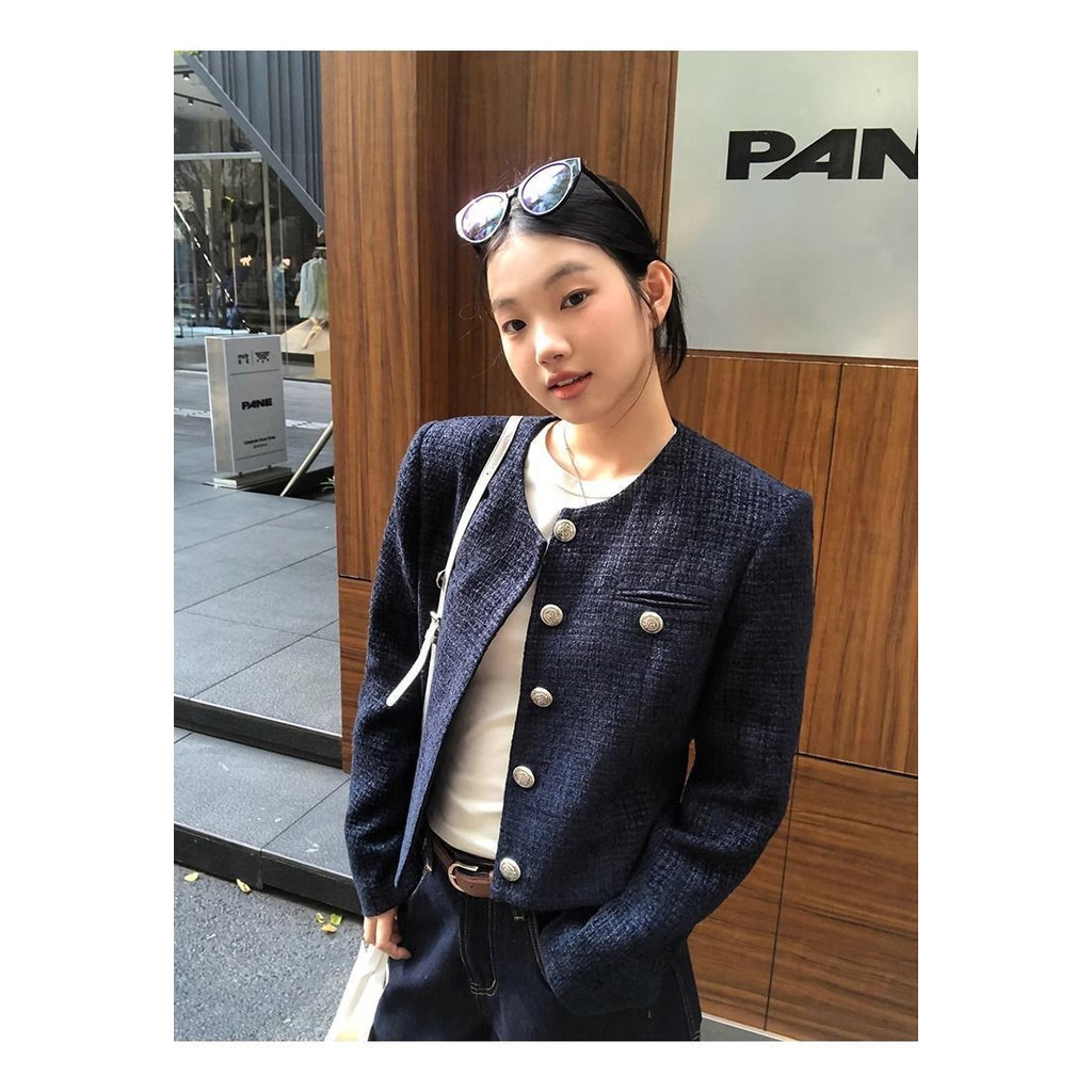 jaket outer biru korean style kekinian aesthetic blazer crop wanita outer sekolah jaket tanpa kupluk